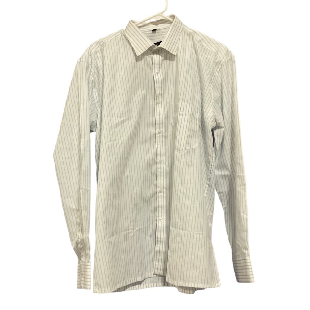 Gold Cuff Mens Long Sleeve Striped Shirt Size 44  Button‎ Front Blue/White